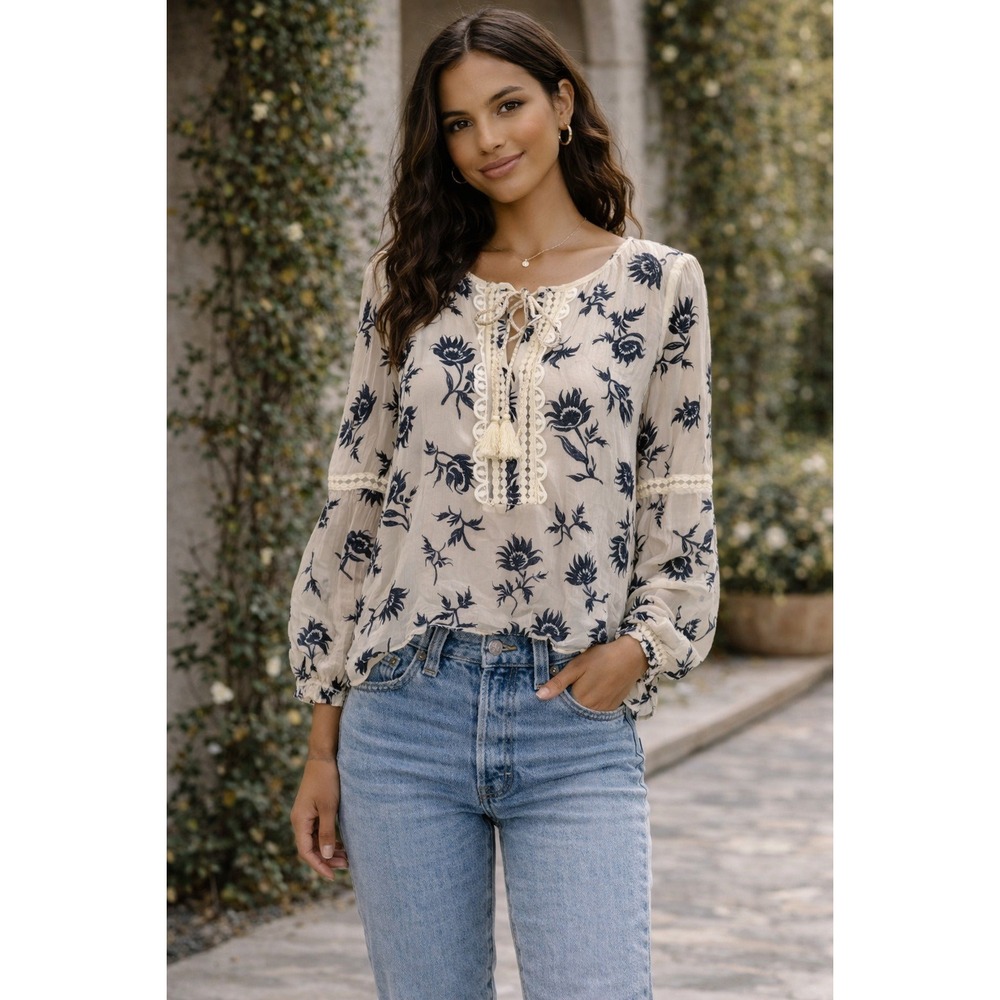 Tory Burch Ivory Floral‎ Blouse Top 100% Silk Sheer Lace Detail Bohemian Size 8